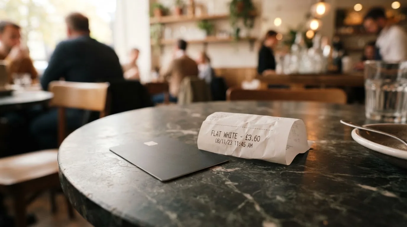 A receipt and a card on a café table
