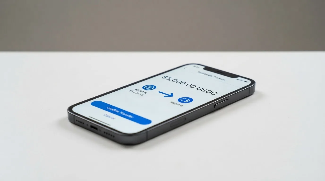 A phone showing a stablecoin transfer screen