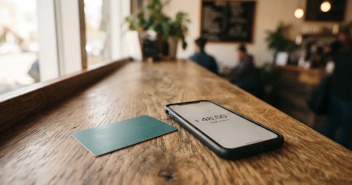 A payment card next to a phone with a crypto wallet app open
