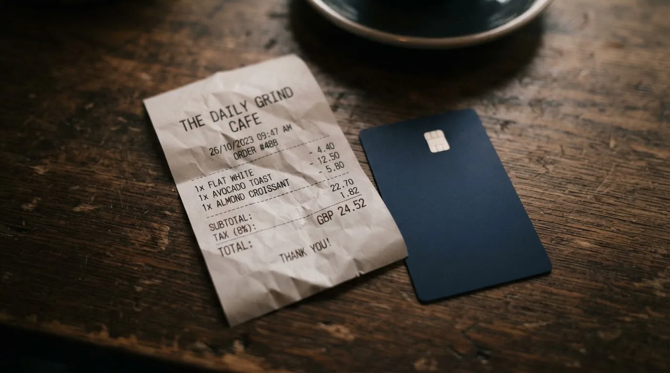 A receipt and a card on a café table