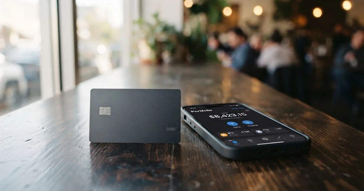 A payment card next to a phone with a crypto wallet app open
