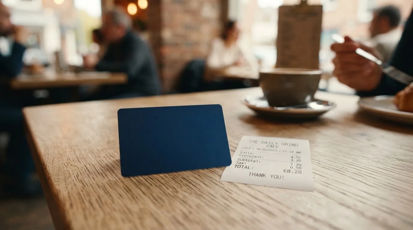 A receipt and a card on a café table