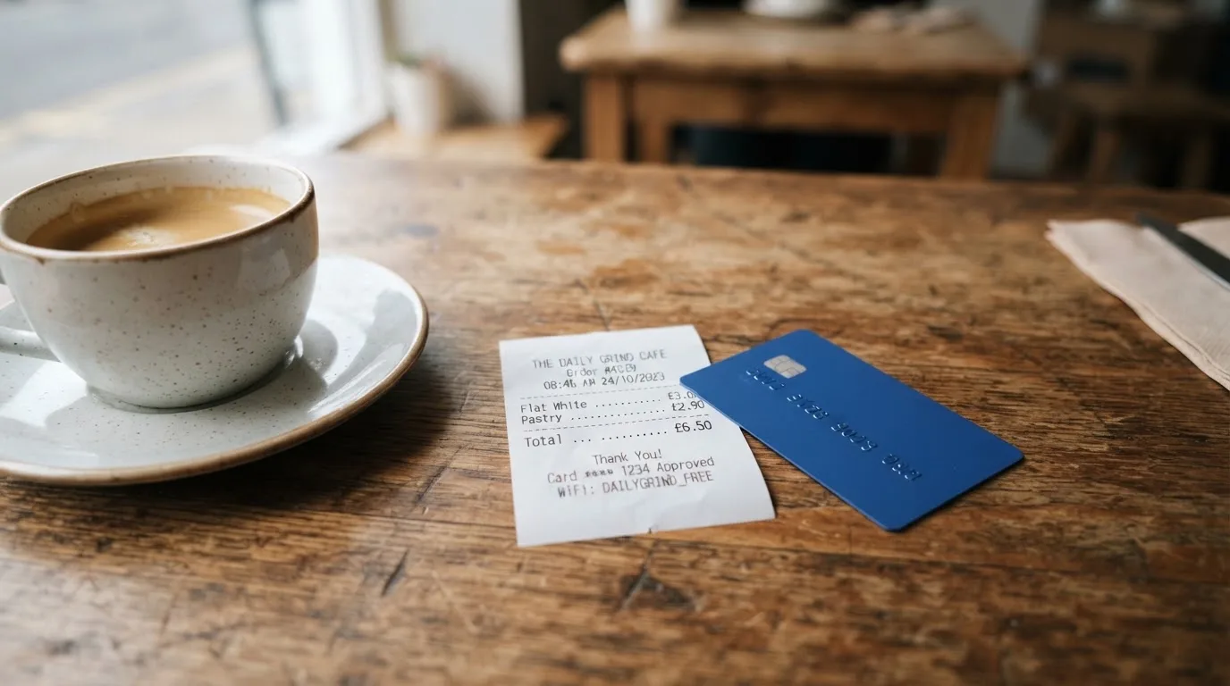 A receipt and a card on a café table