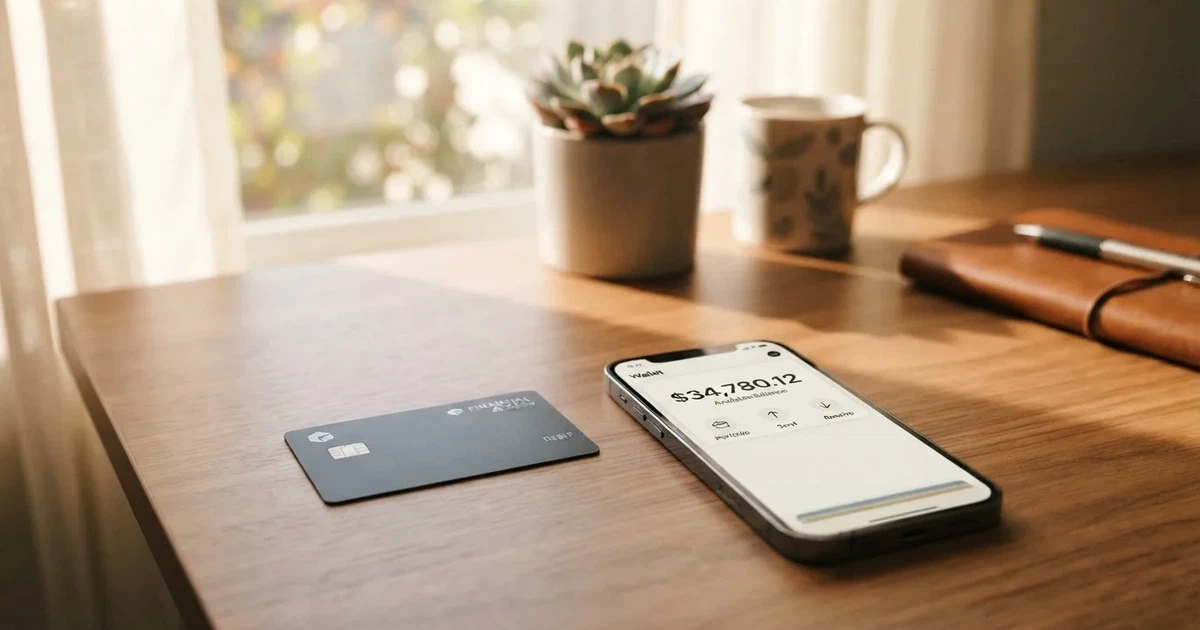 A payment card next to a phone with a crypto wallet app open