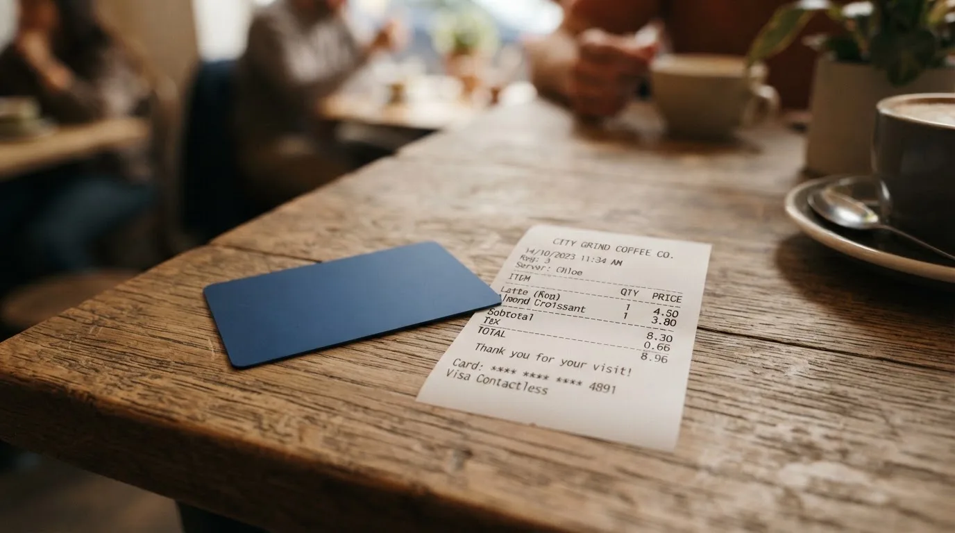 A receipt and a card on a café table
