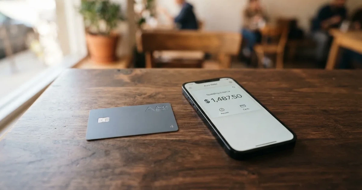 A payment card next to a phone with a crypto wallet app open