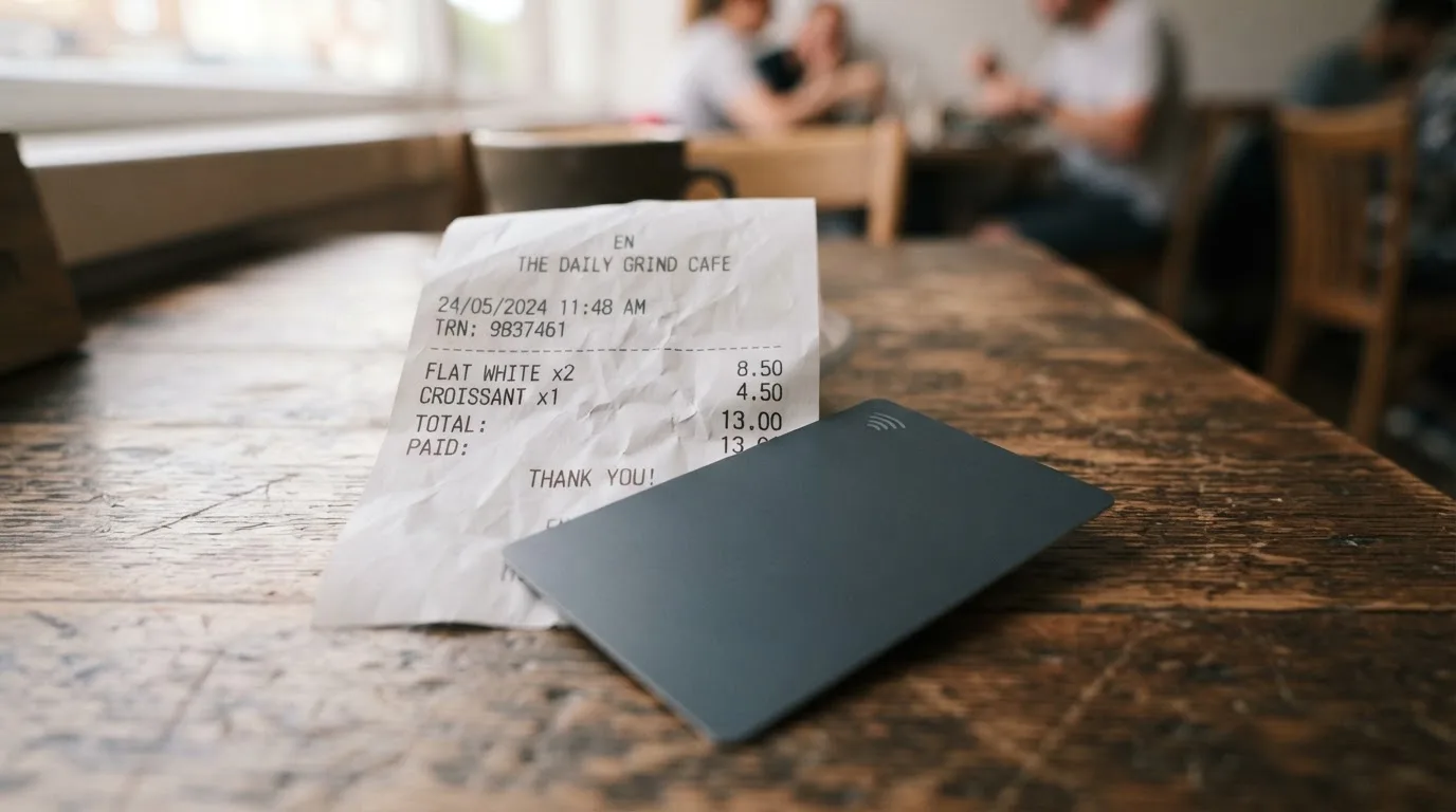A receipt and a card on a café table