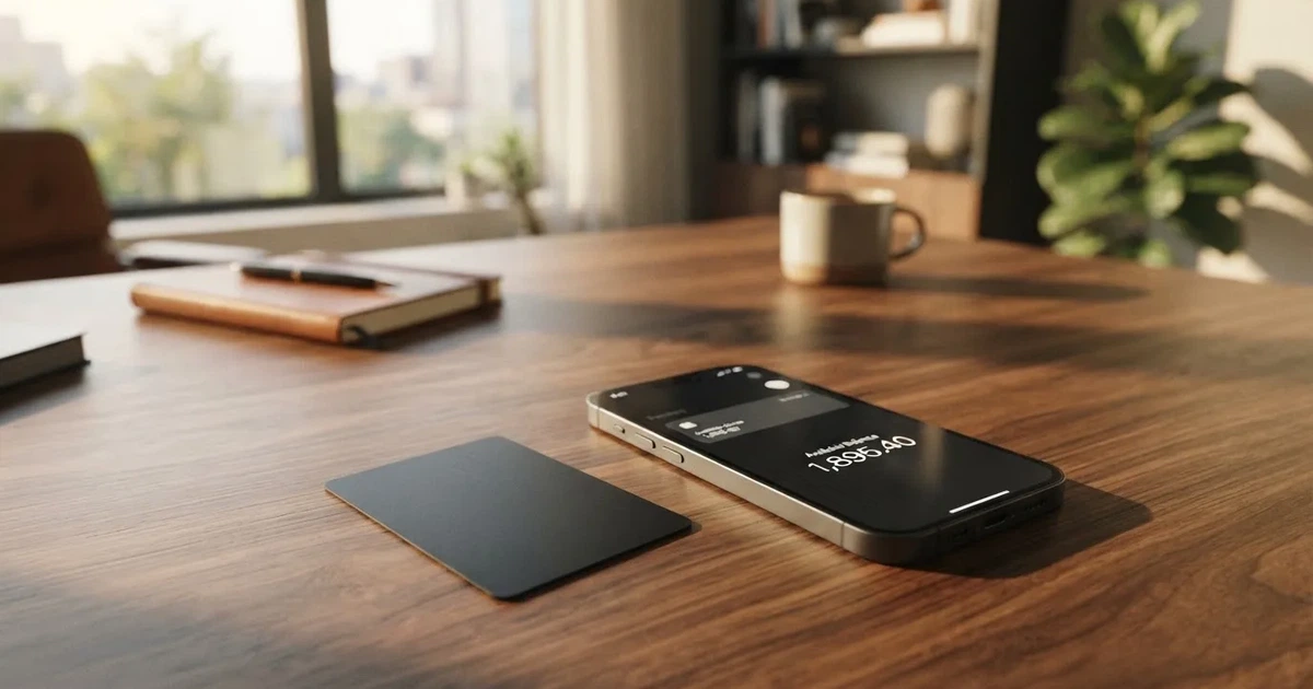 A payment card next to a phone with a crypto wallet app open