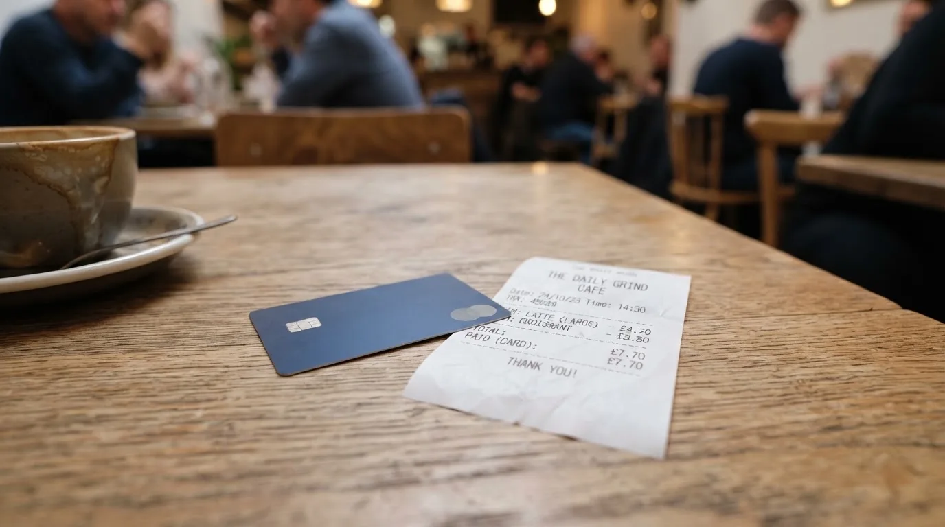 A receipt and a card on a café table