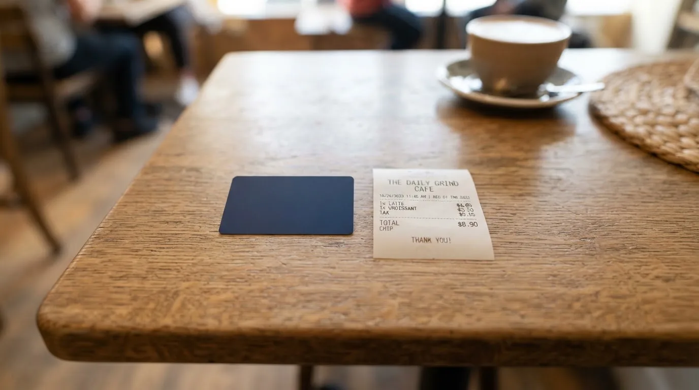 A receipt and a card on a café table