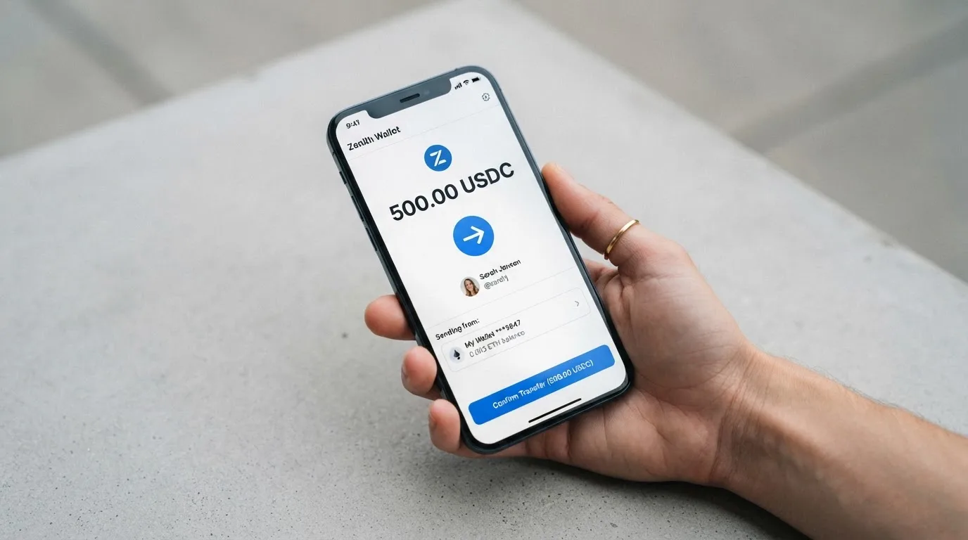 A phone showing a stablecoin transfer screen